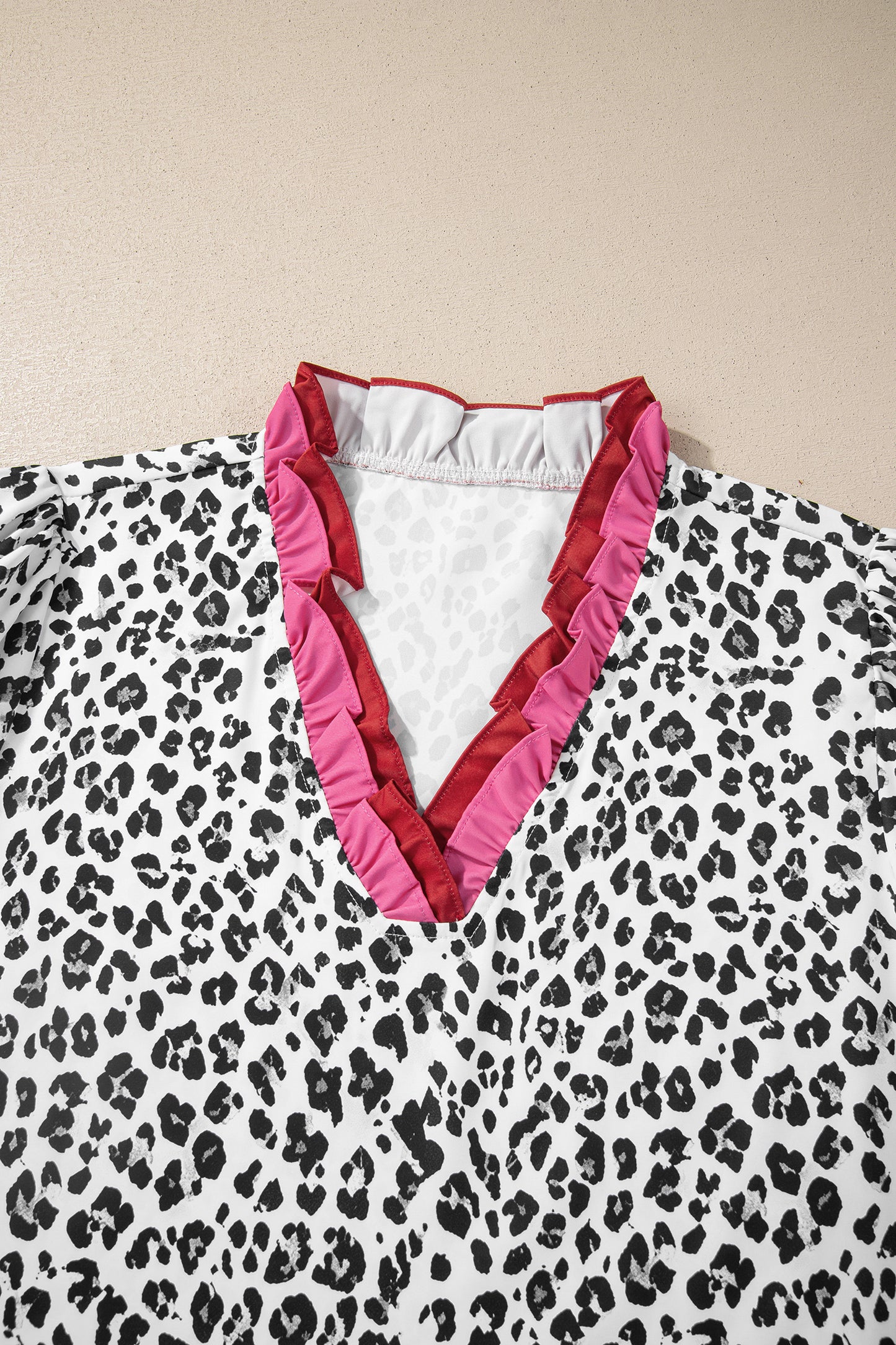 Leopard Print Ruffle Trim V-Neck Blouse