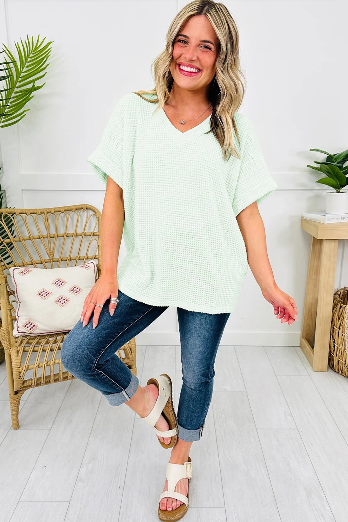 Waffle Knit V-Neck Short Sleeve Cuffed Top