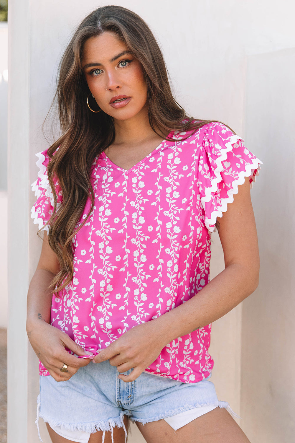 Pink Floral Print Ricrac Trim Tiered Ruffle V-Neck Blouse – Women's Charming Feminine Top (S–XL)