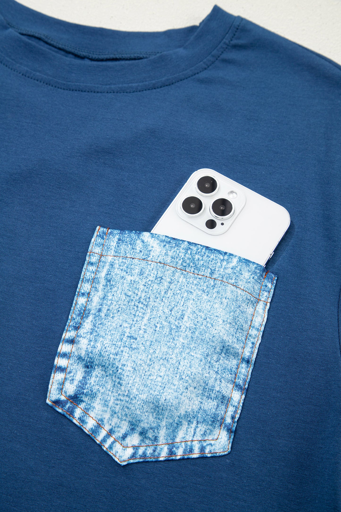 Color Block Short-Sleeve Top with Printed Patch Pocket | Sail Blue & White