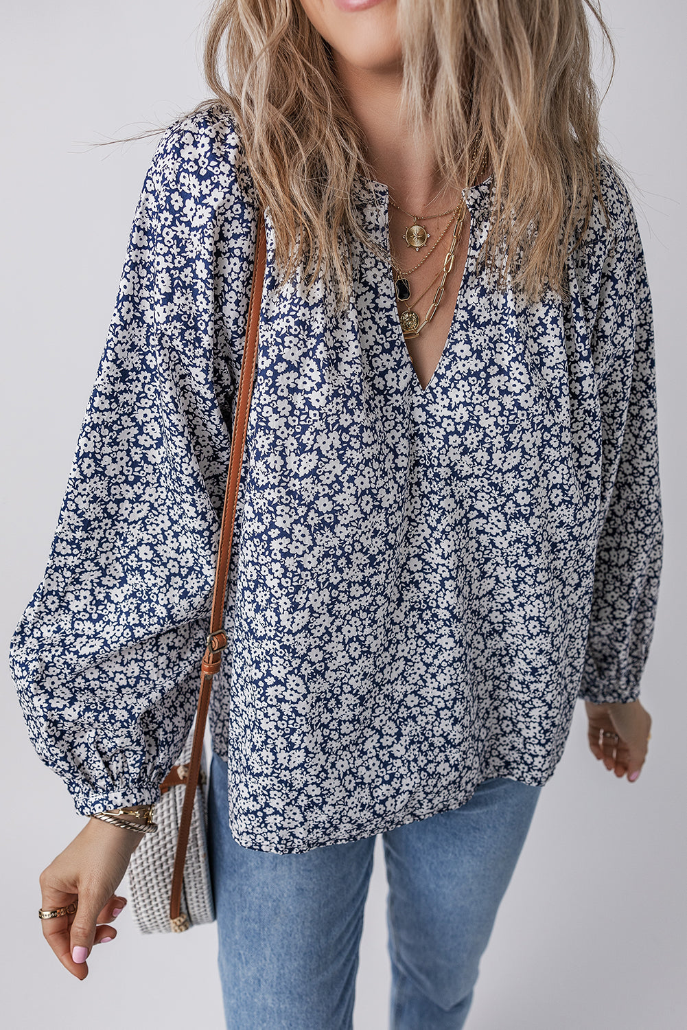 Blue Floral Print Notched V-Neck Puff Sleeve Blouse