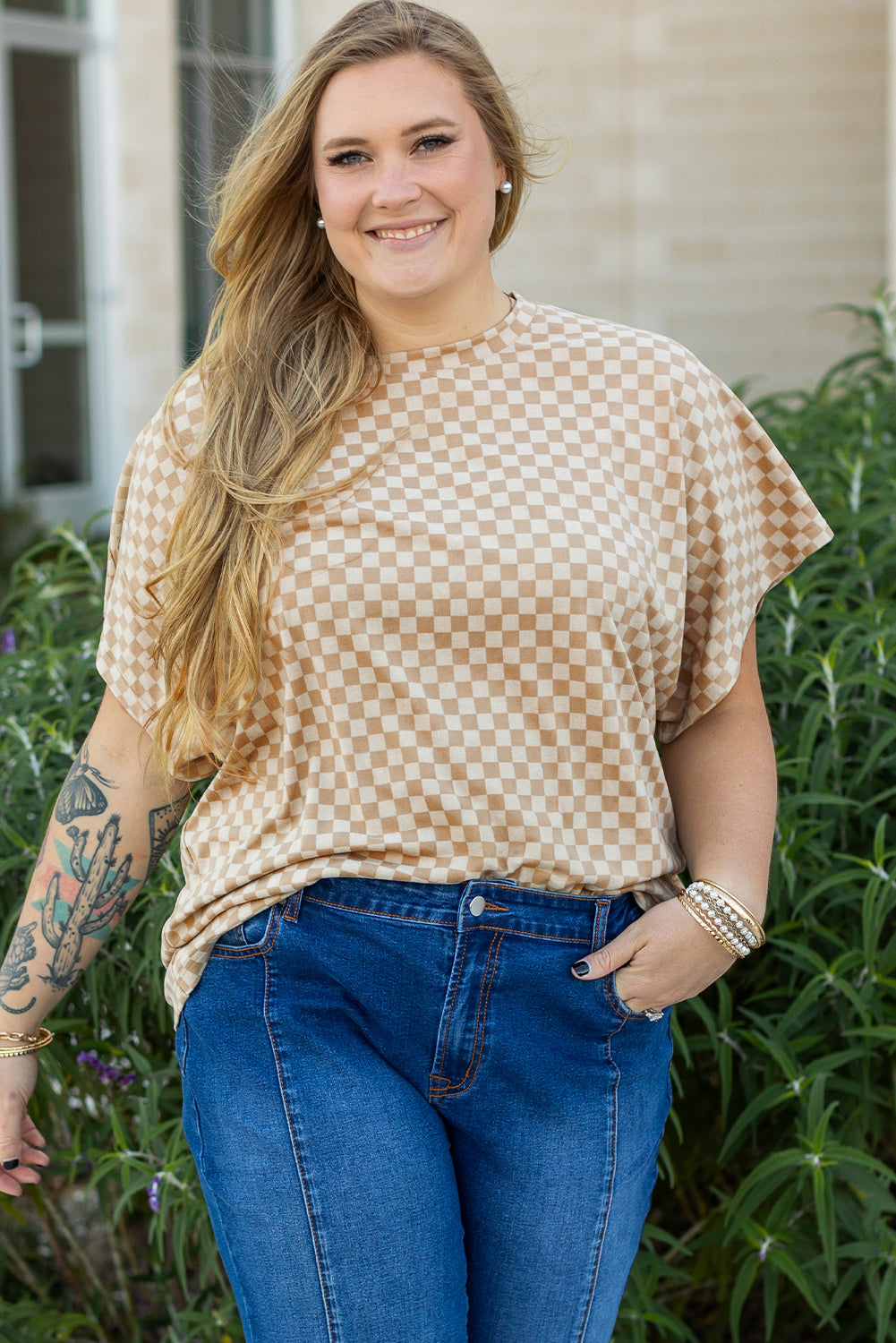 Plus Size Checkerboard Batwing Sleeve Round Neck Tee