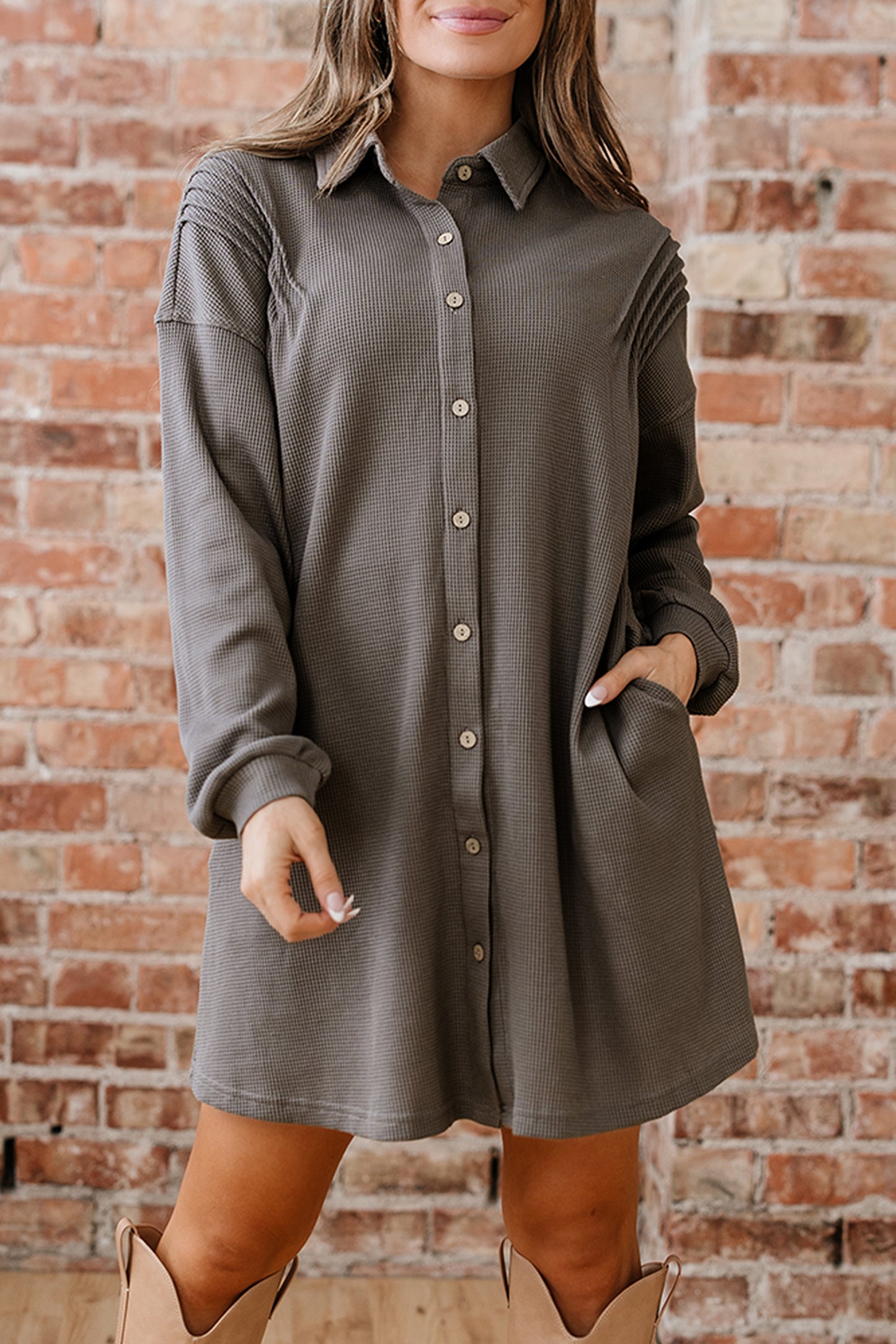 Taupe Waffle Knit Shirt Tunic Dress