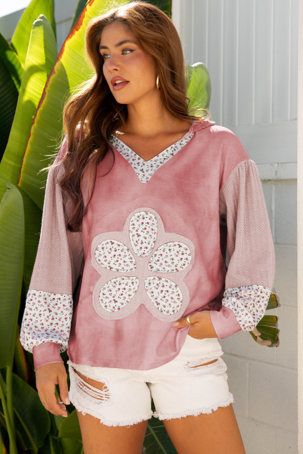 Floral Patch Waffle Texture Colorblock V-Neck Hoodie Top