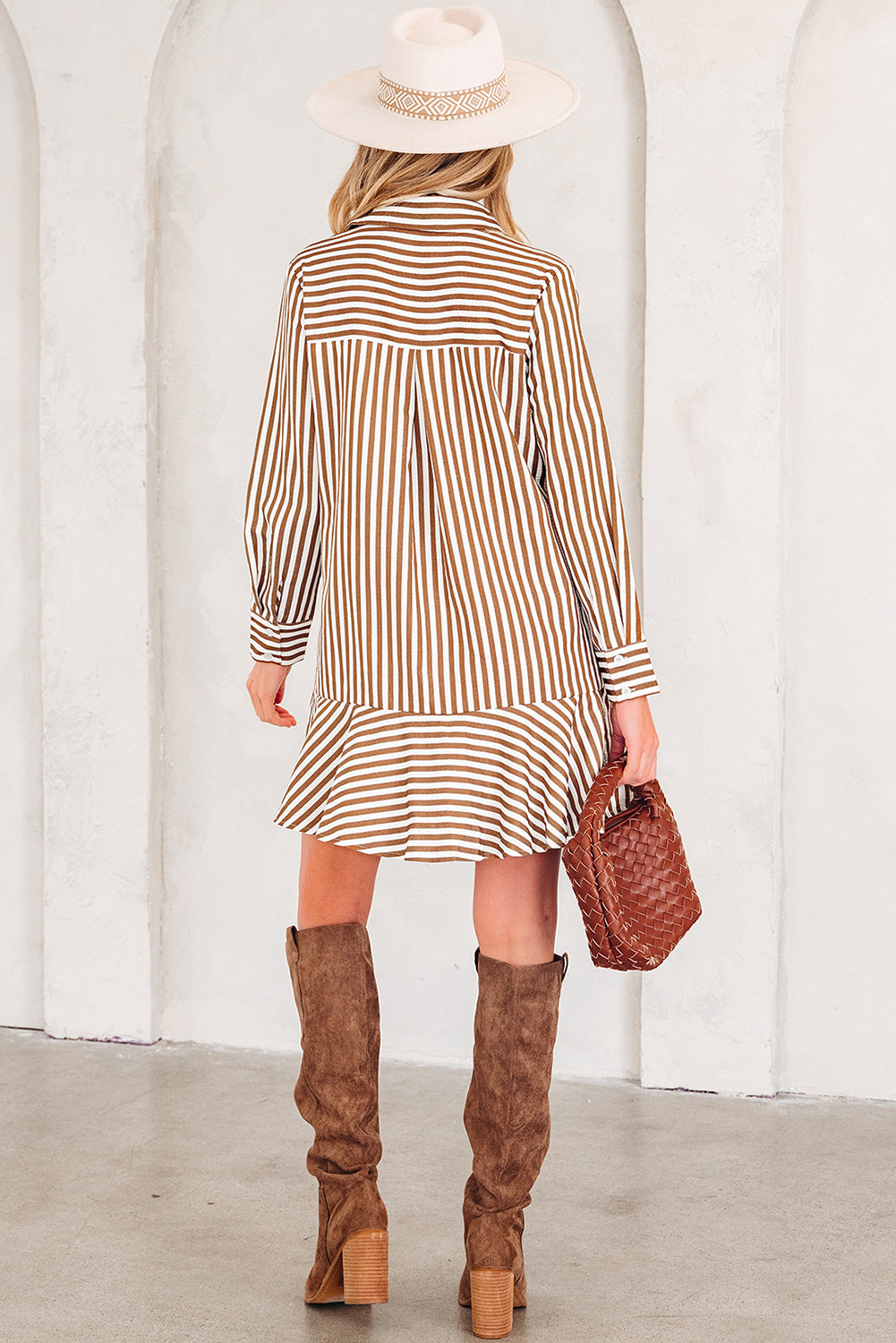 Brown Stripe Shirt Mini Dress Women S–XL