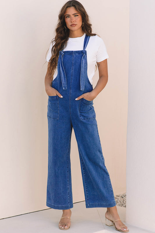 Dark Blue Mineral Wash Wide Leg Denim Overalls