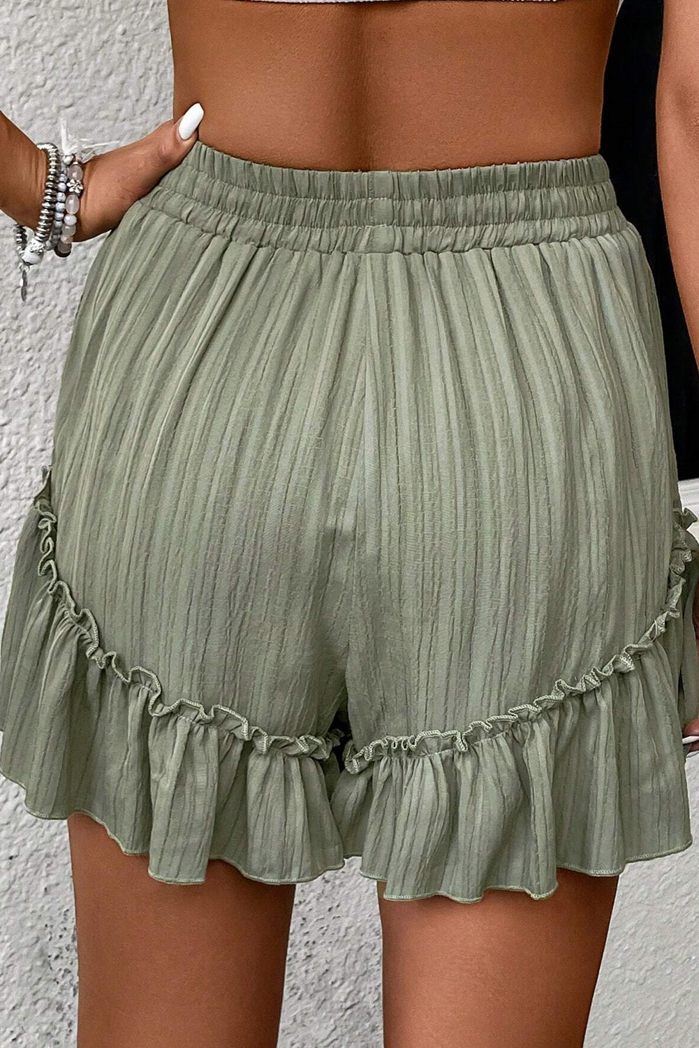 Earthy Green Textured Tie Waist Ruffle Hem Shorts