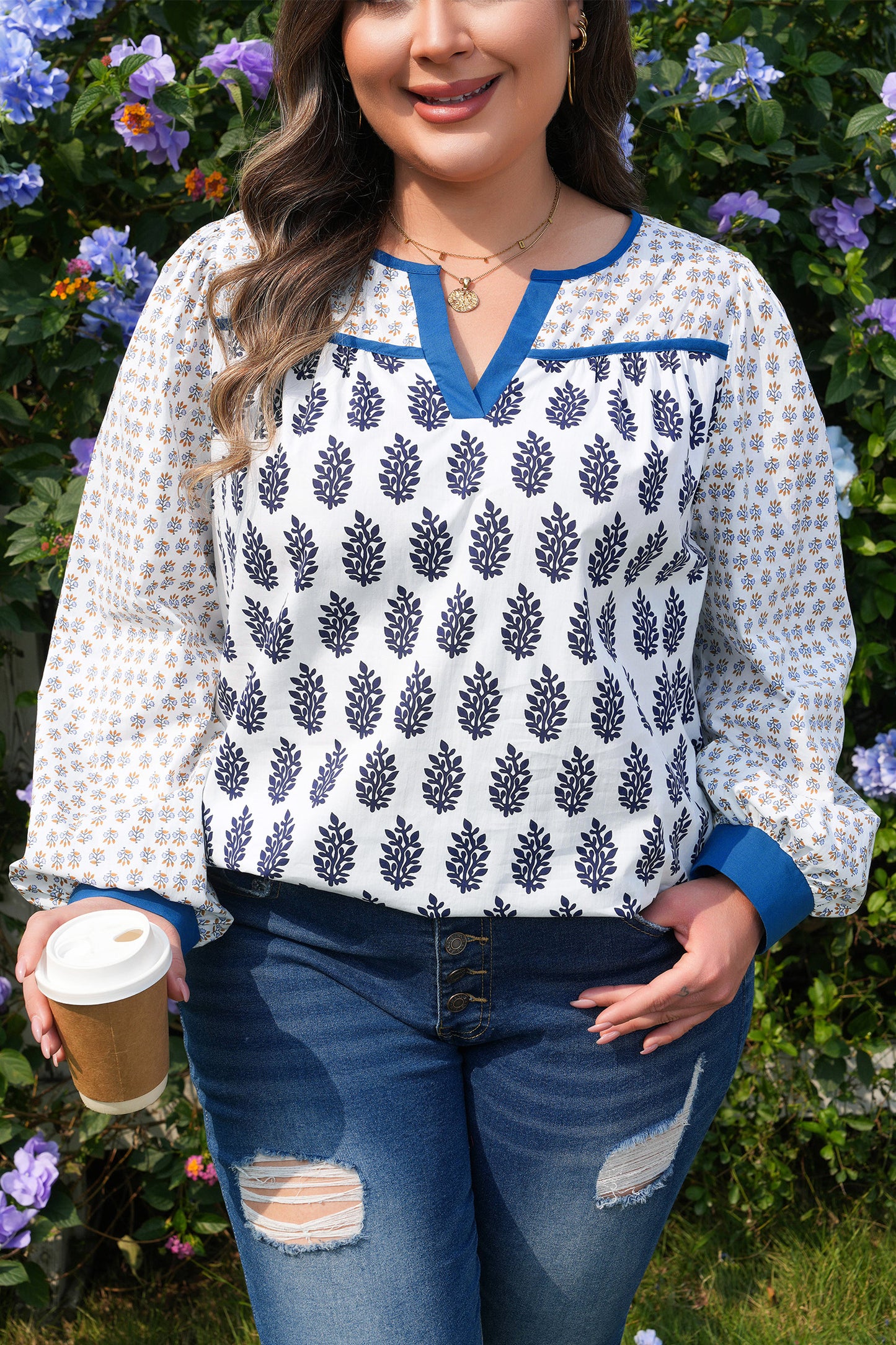 Plus Size White Blue Boho Floral Patchwork Blouse Women 1X–4X