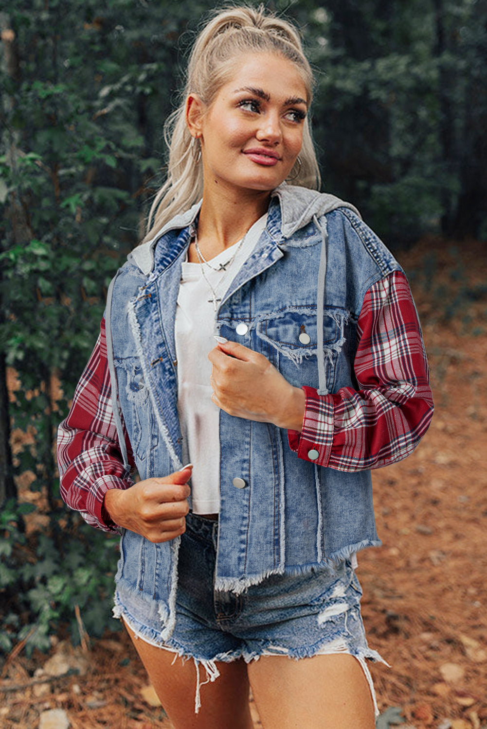 Womens Plaid Patchwork Hooded Denim Jacket S to XL