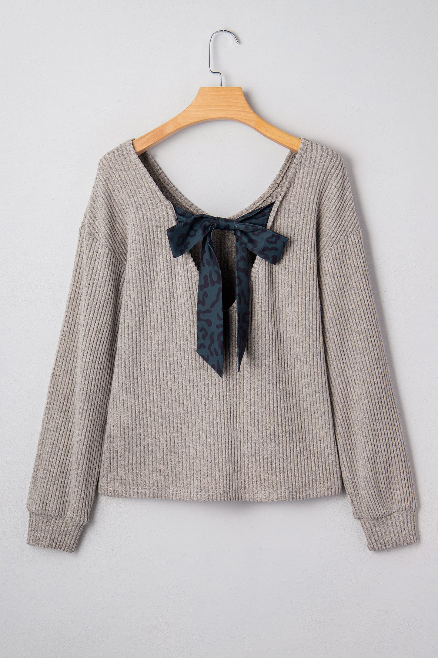 Ribbed V-Neck Bow Back Drop Shoulder Top in Light Taupe