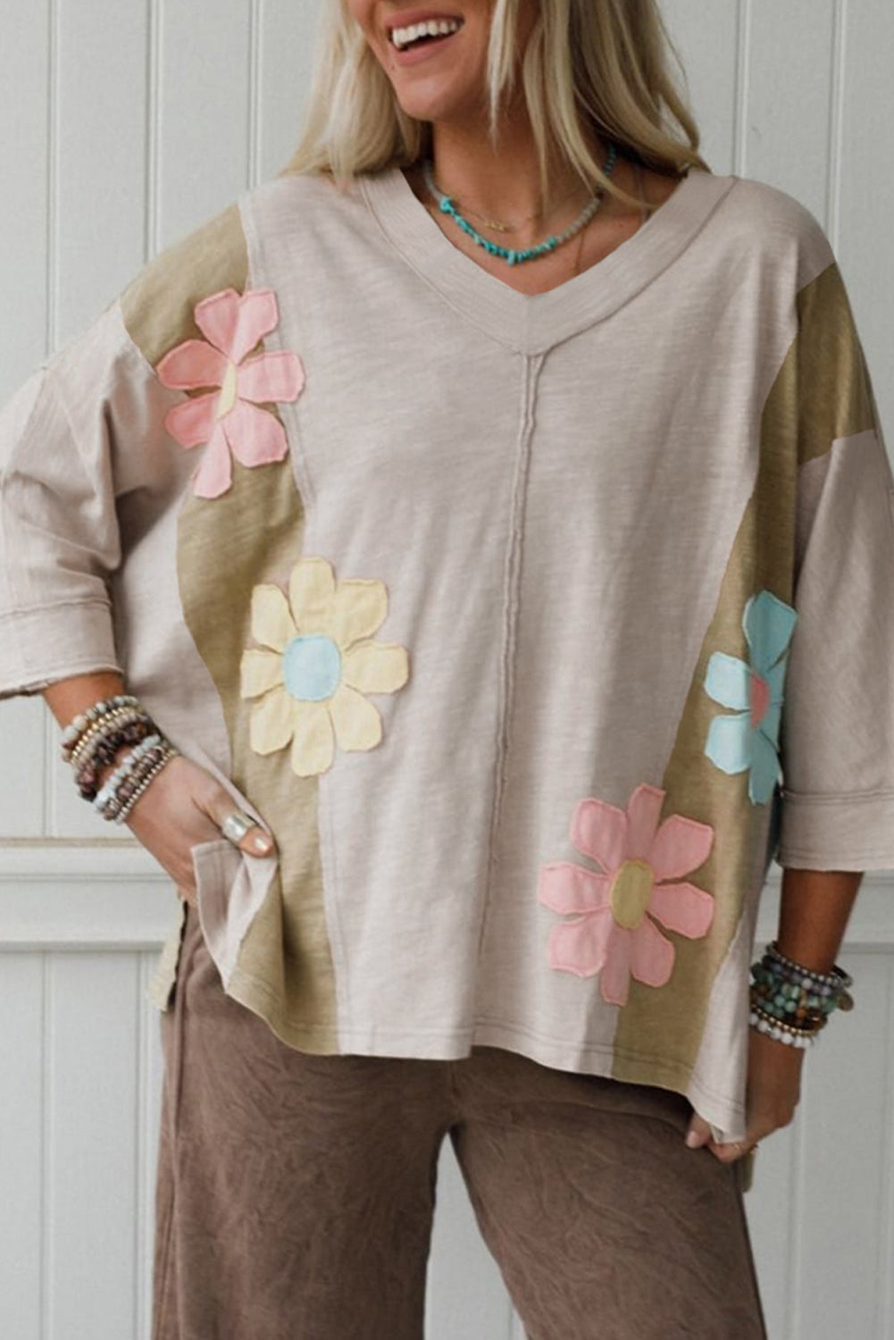 Flower Patched Exposed Seam Bracelet Sleeve Oversized T-Shirt