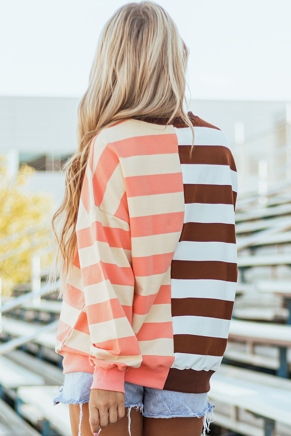 Brown Stripe Colourblock Drop Shoulder Pullover Sweatshirt | S–XL