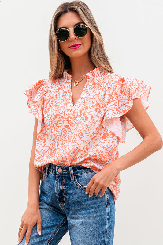 Orange Floral Ruffle Sleeve Split Neck Blouse – Women's Lightweight Summer Top