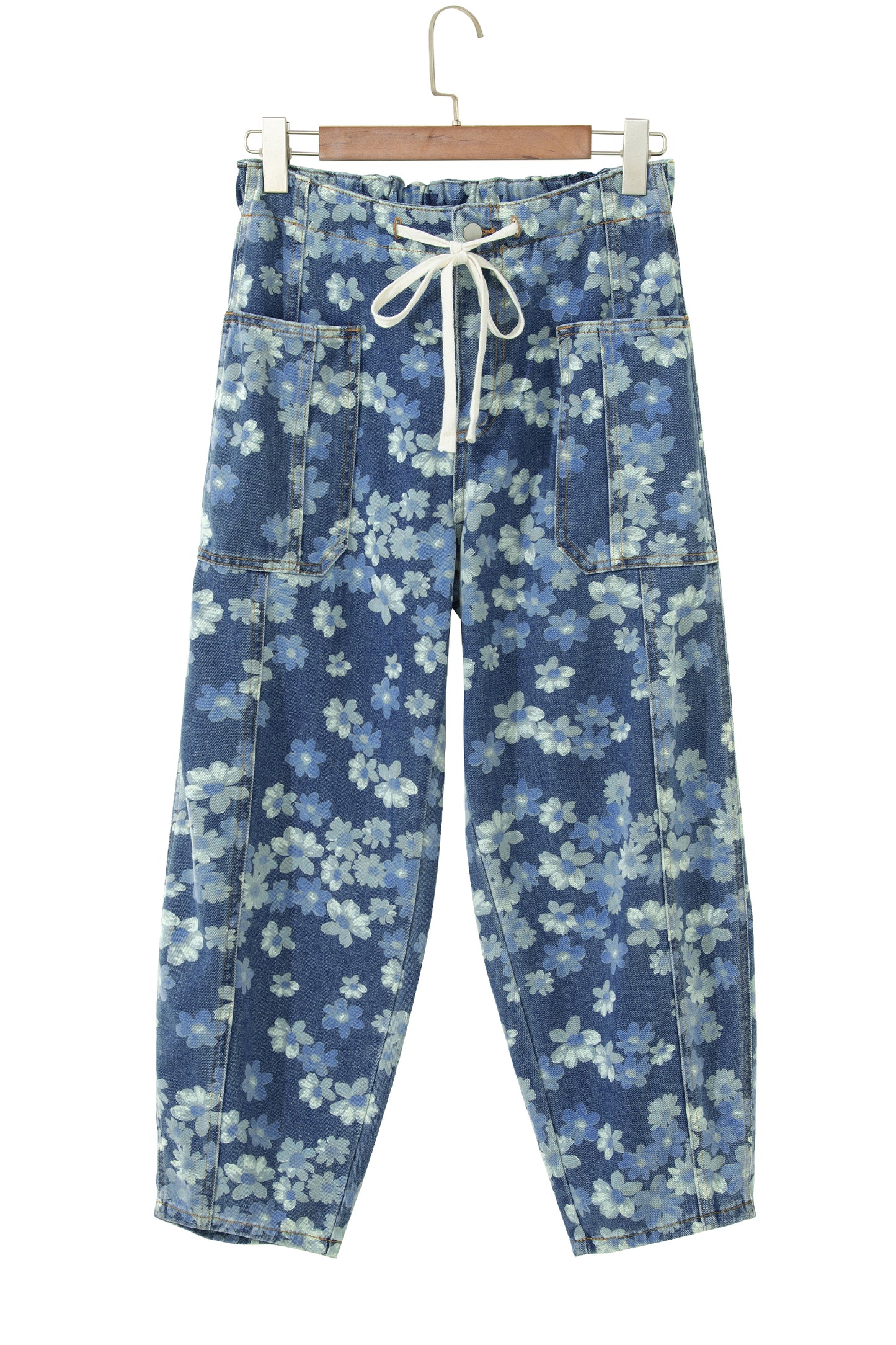 Denim Blue Floral Print Cropped Barrel Jeans | Women Size 4–16