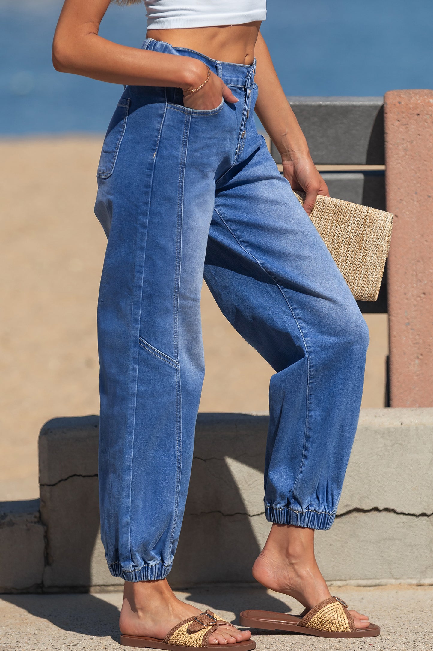 Tapered Relaxed-Fit Jeans with Elastic Cuffs | Blue