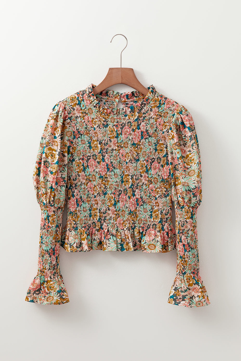 Multicolor Floral Print Smocked Bubble Sleeve Ruffled Crop Top