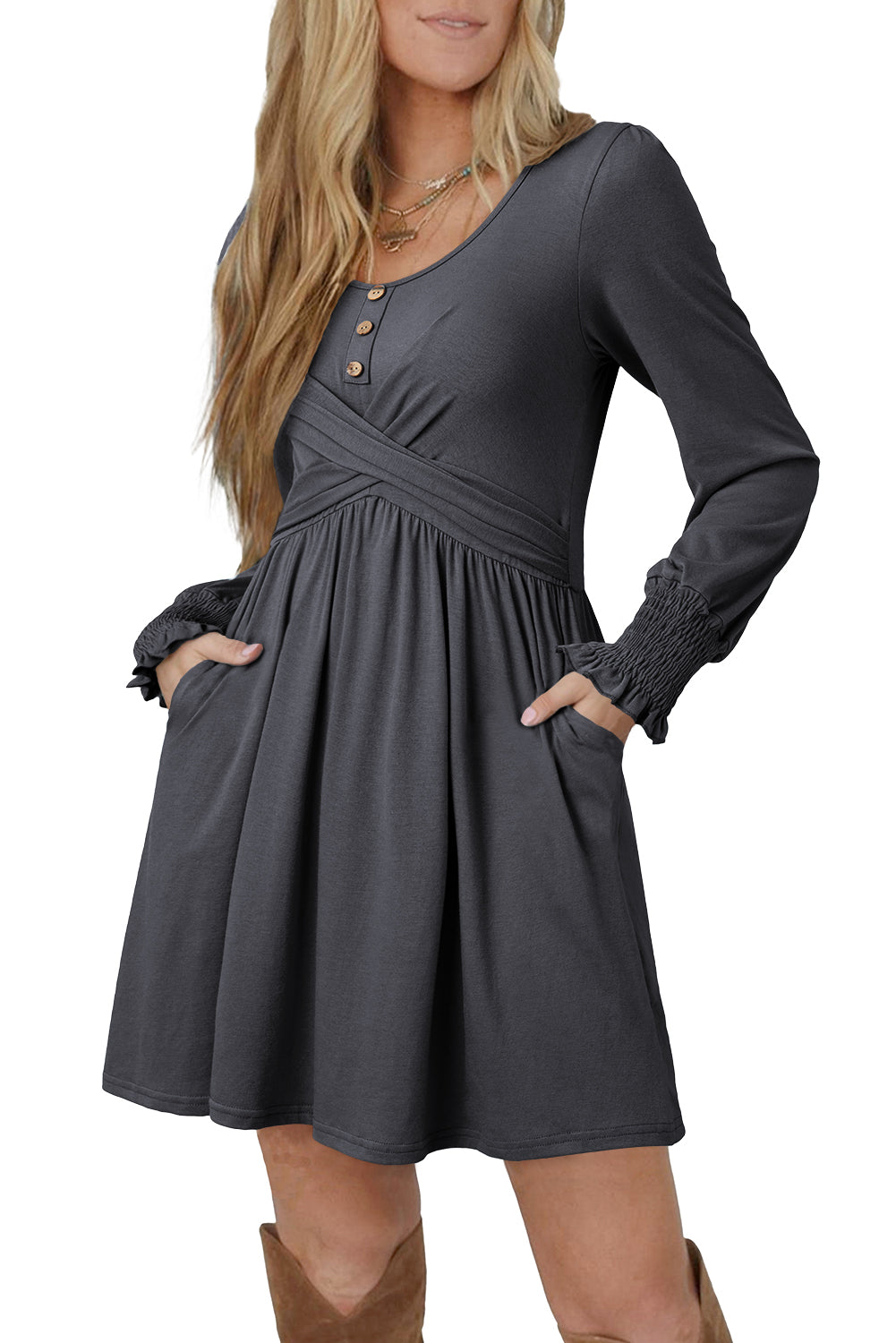 Women's Long Sleeve Button Mini Dress S to 2XL
