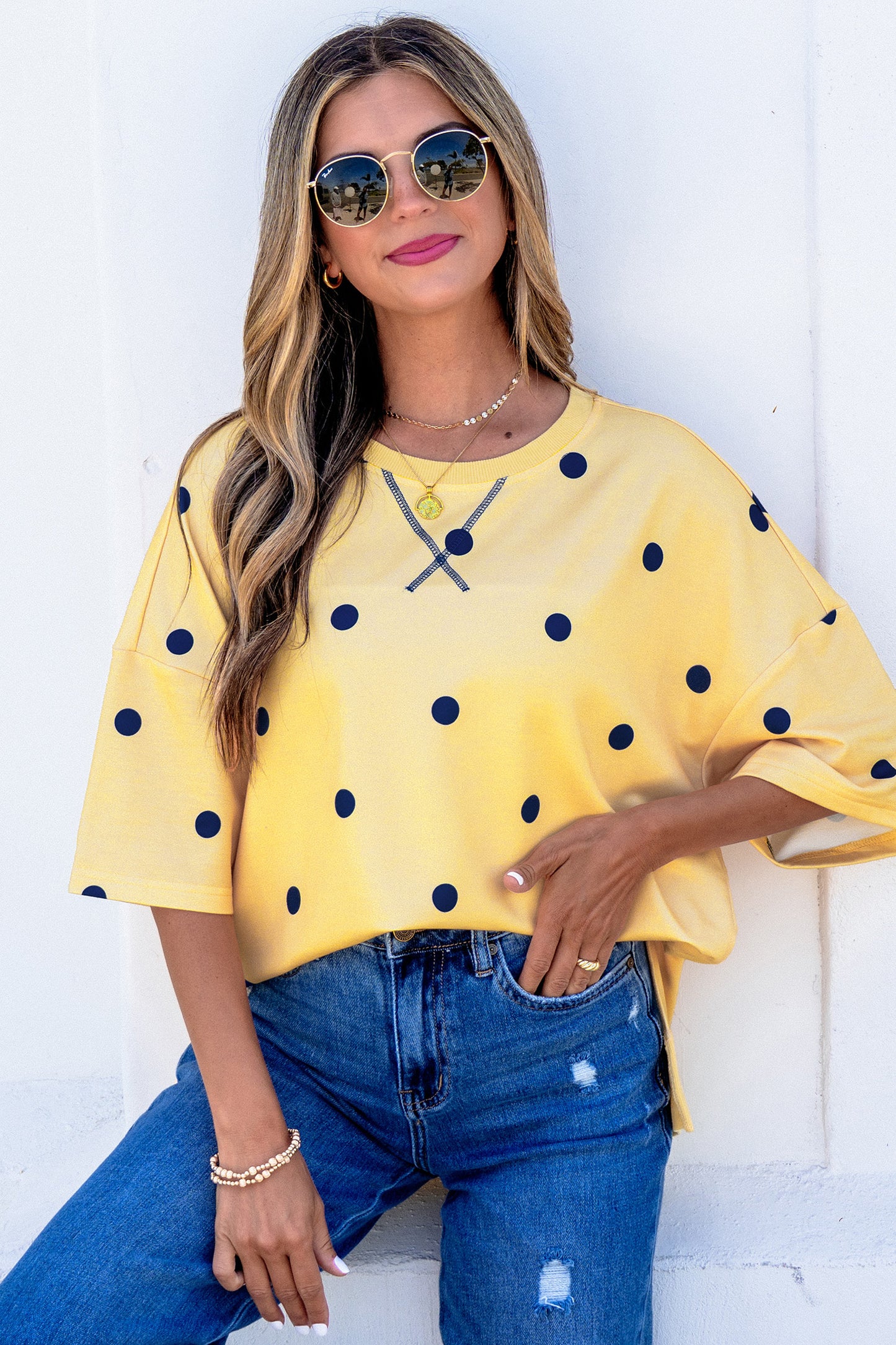 Womens Yellow Polka Dot Oversized Shirt S to XL