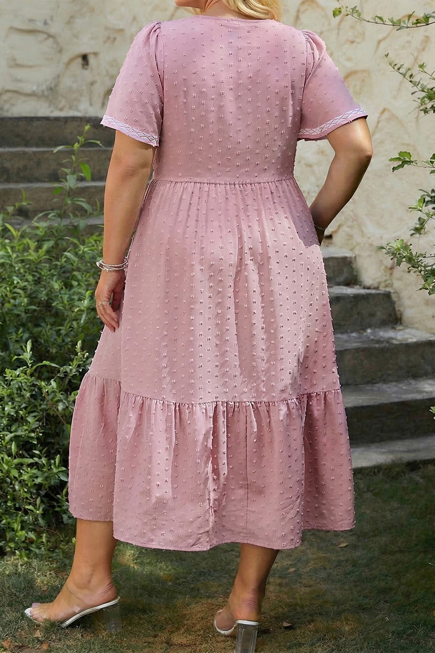 Plus Size Swiss Dot Smocked High Waist Flowy Midi Dress Pink 1X–4X