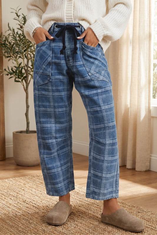 Womens Denim Plaid Drawstring Waist Ankle-Length Jeans S–XL