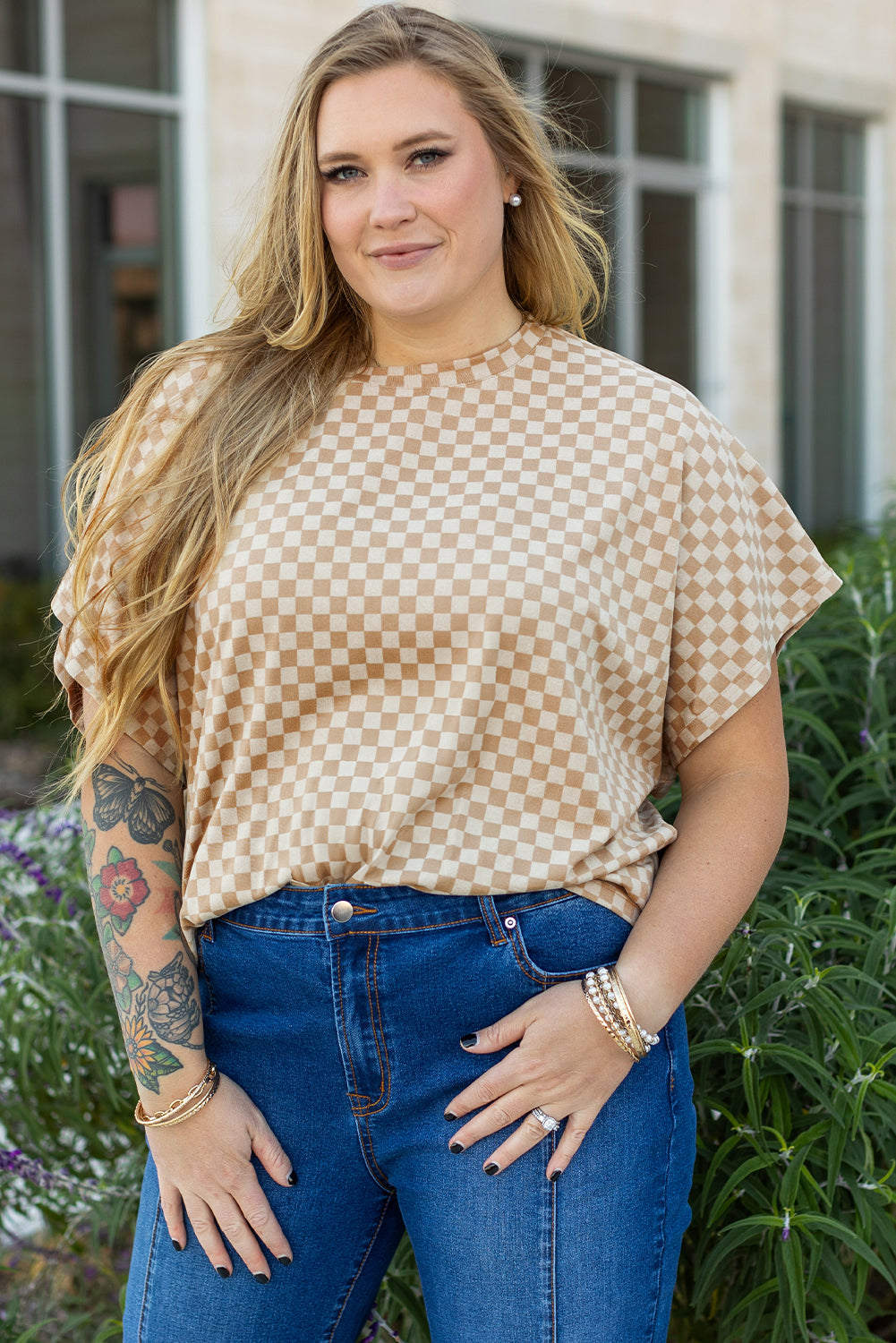 Plus Size Checkerboard Batwing Sleeve Round Neck Tee