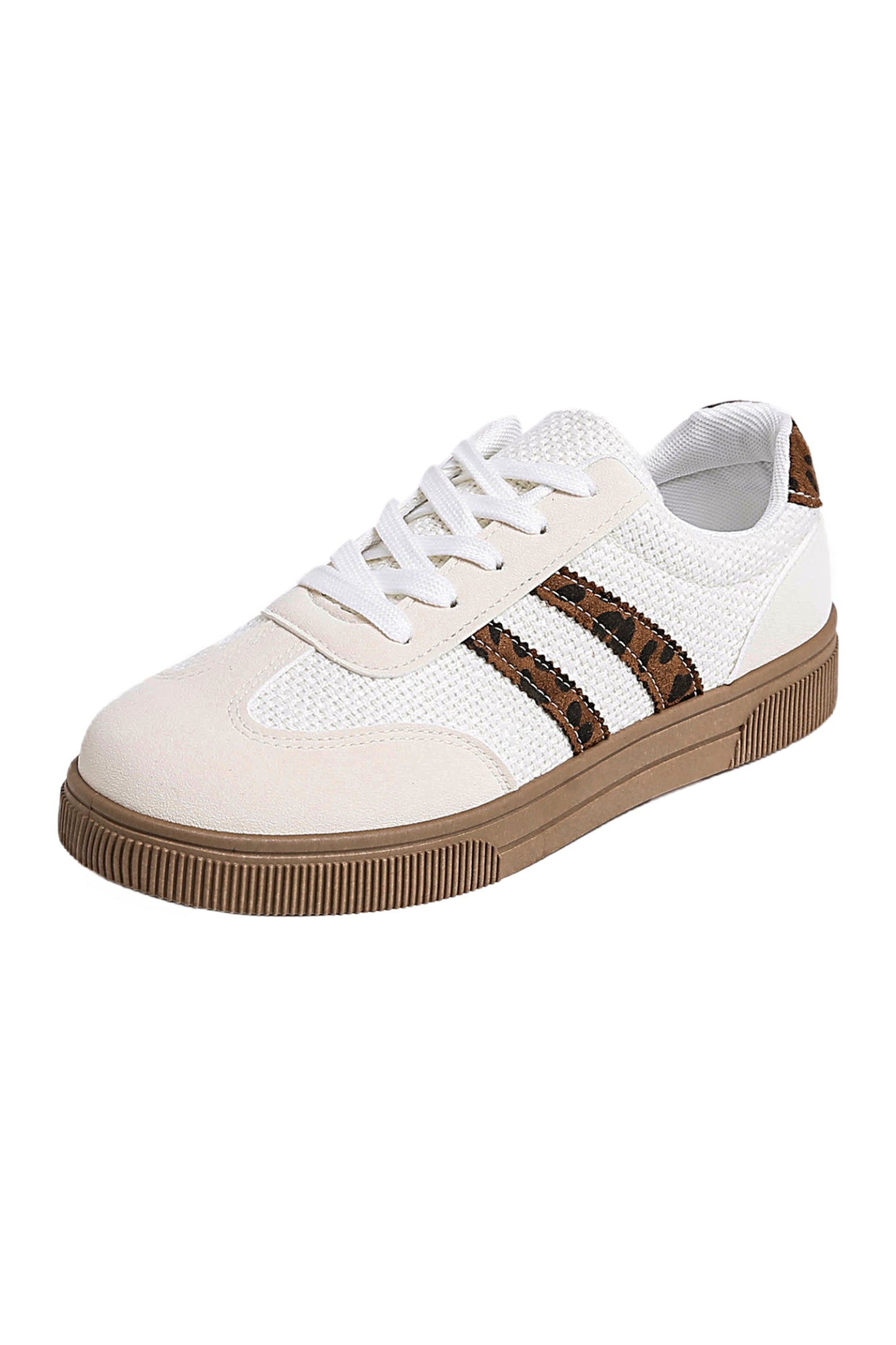 Woven Texture & Leopard Patchwork Lace-Up Flat Sneakers | White