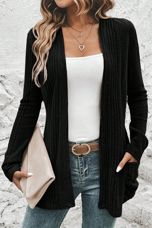 Ribbed Open Front Knitted Cardigan with Pockets