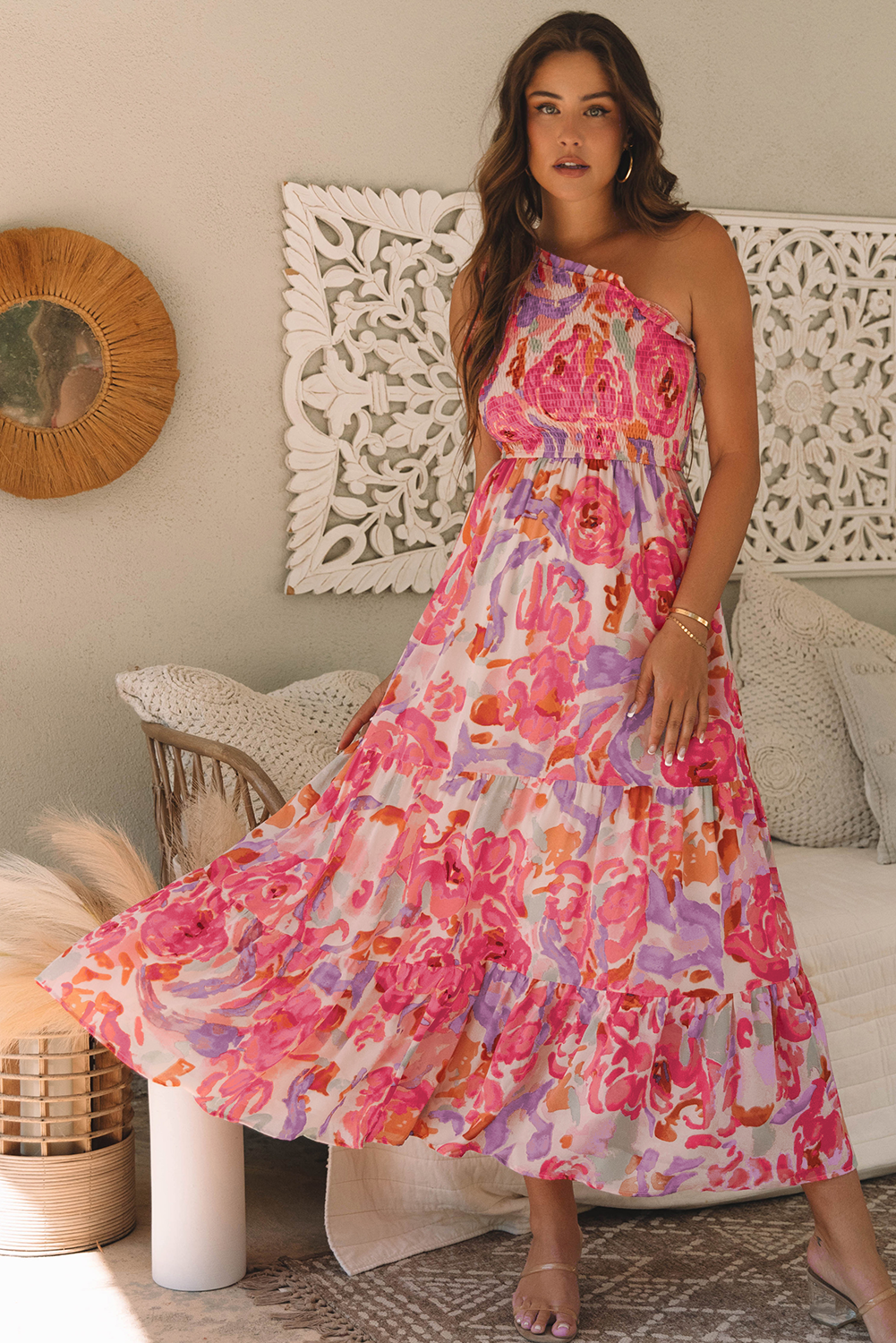 Abstract Floral Shirred One Shoulder Maxi Dress | Pink | S–XL