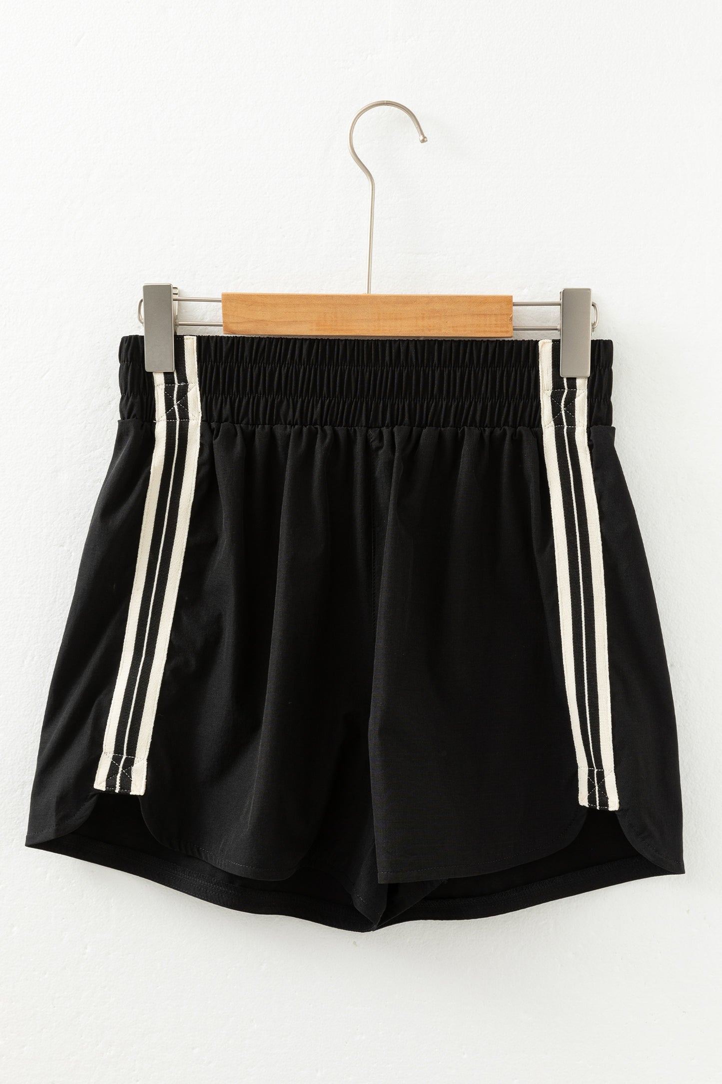 Black Varsity Stripe Elastic Waist Athleisure Shorts