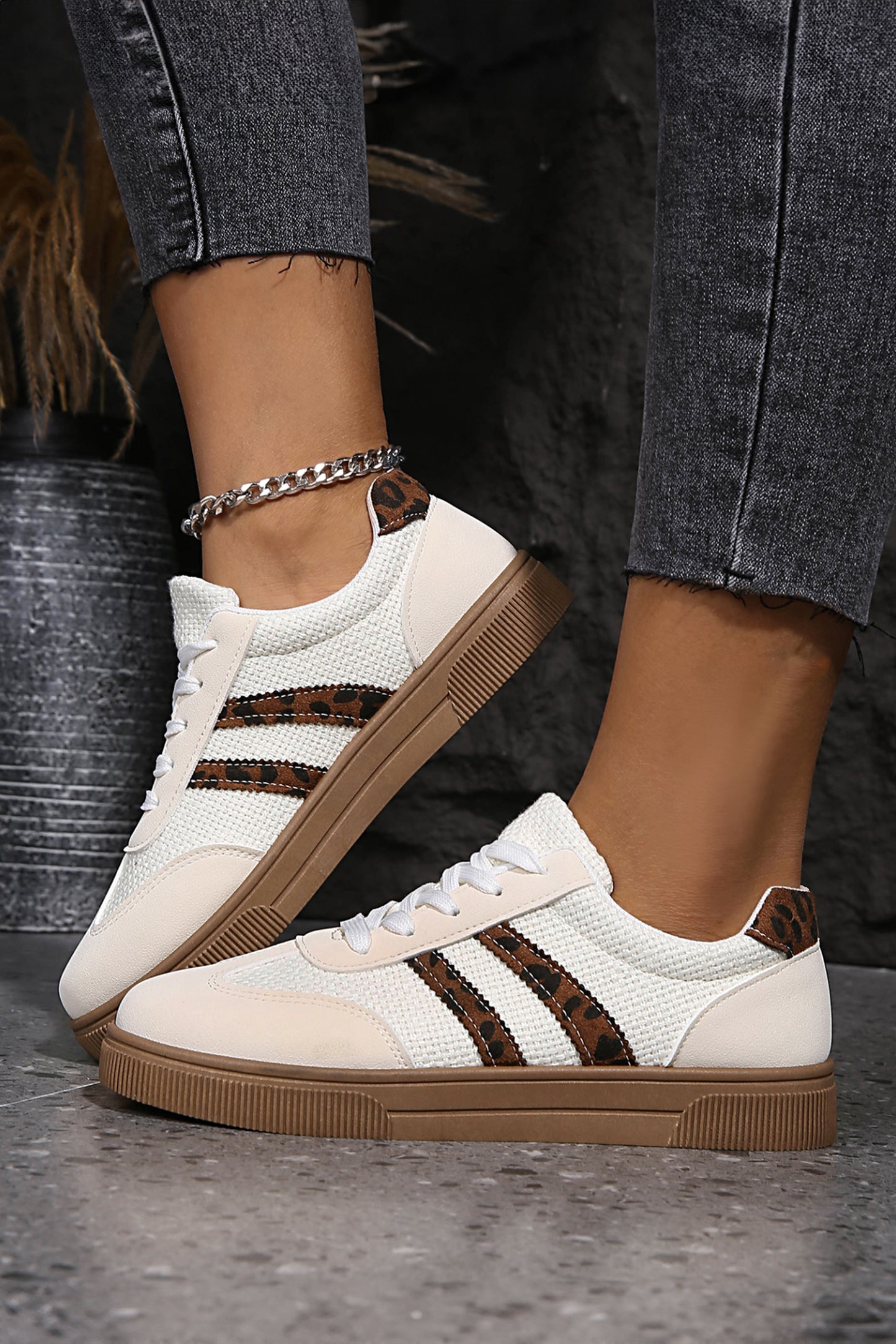 Woven Texture & Leopard Patchwork Lace-Up Flat Sneakers | White