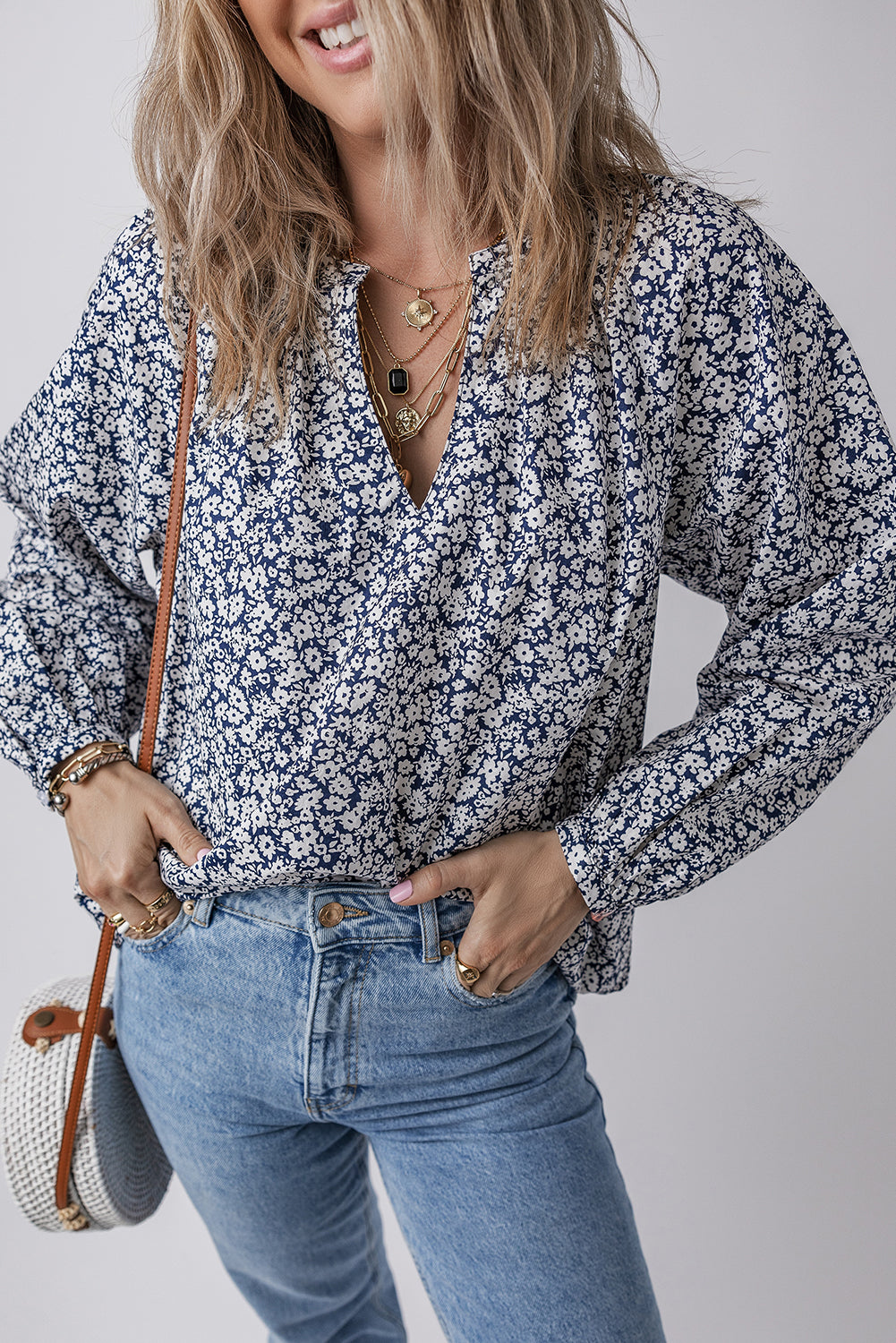 Blue Floral Print Notched V-Neck Puff Sleeve Blouse