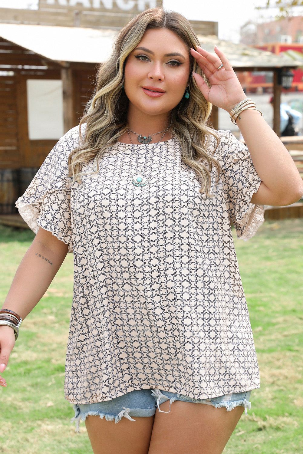 Geometric Print Ruffled Sleeve Blouse | Plus Size | Khaki | 1X–4X