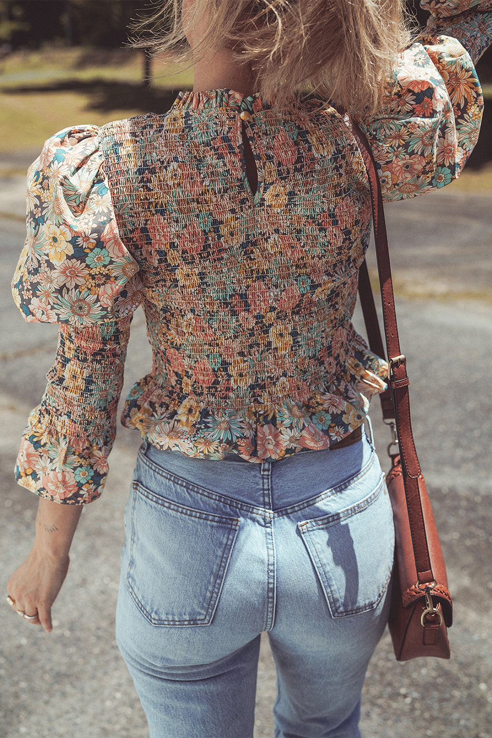 Multicolor Floral Print Smocked Bubble Sleeve Ruffled Crop Top