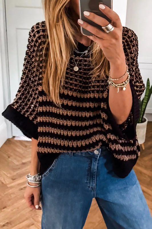 Striped Slouchy Sweater with 3/4 Draped Sleeves | Black Stripe