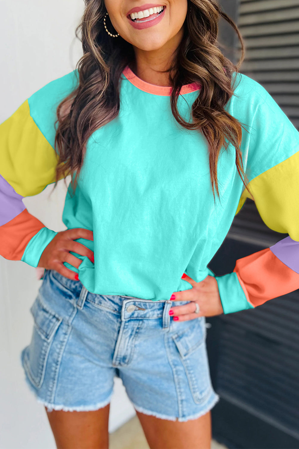 Colorblock Patchwork Long Sleeve Loose Top | Light Blue