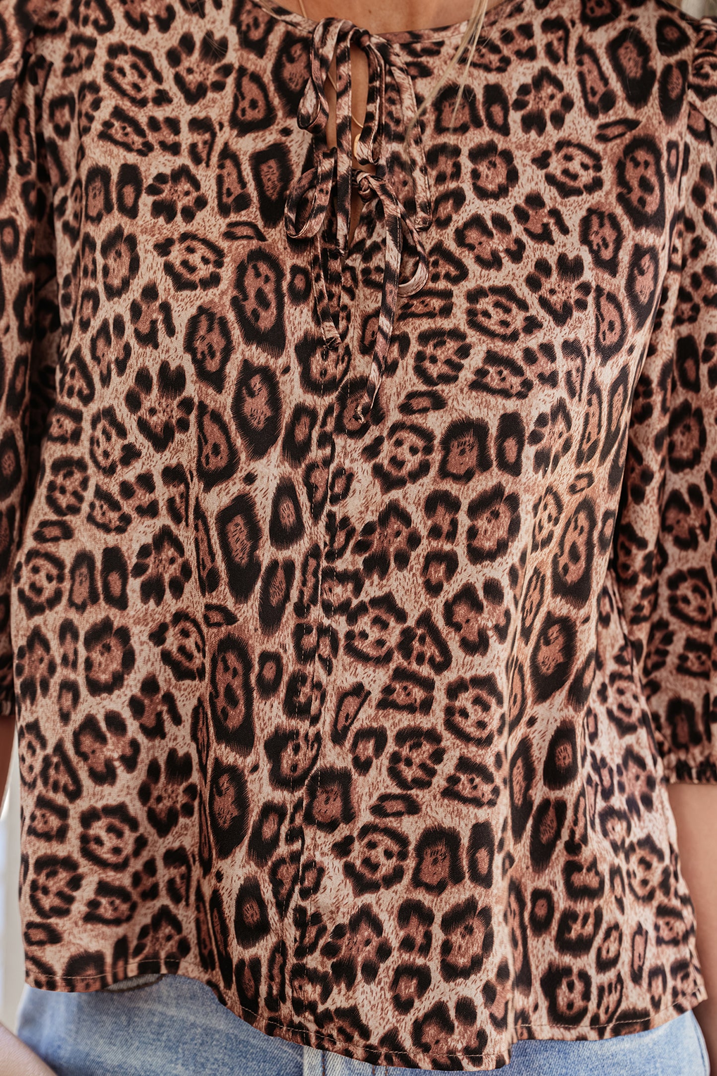 Brown Leopard Print Bow Tie Puff Sleeve Blouse