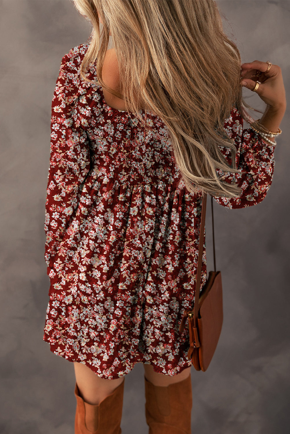 Floral Print Sweetheart Neck Ruched Bust Shirred Back Bubble Sleeve Mini Dress