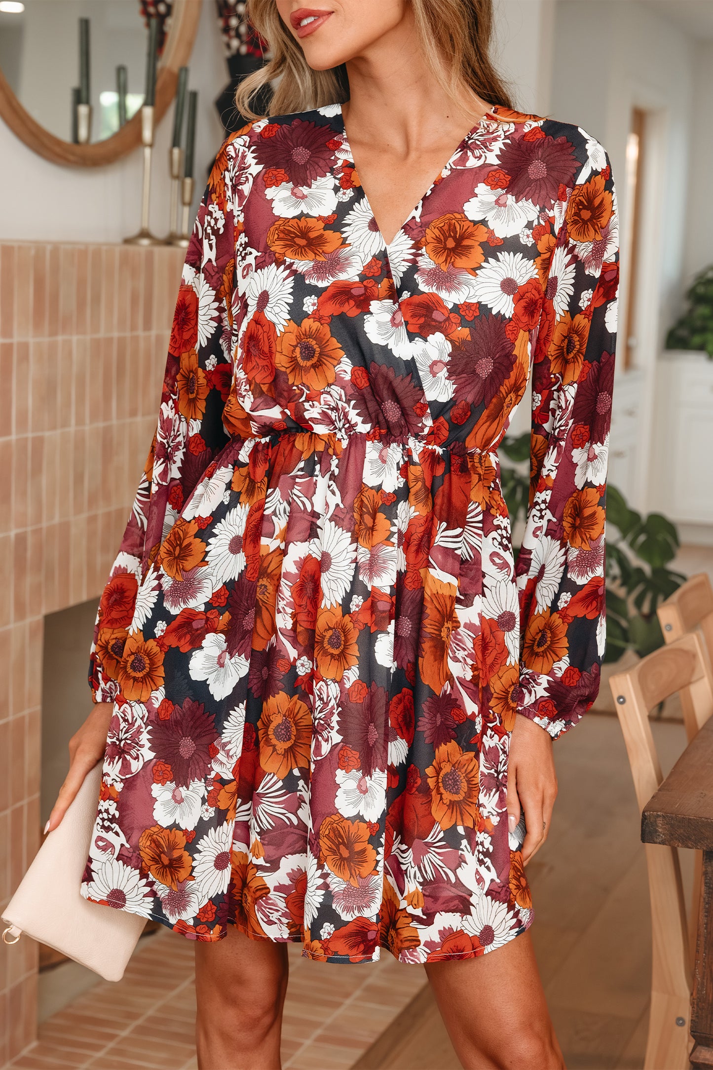 Floral Print Wrap V-Neck Puff Sleeve Mini Dress – Terracotta Women S–XL