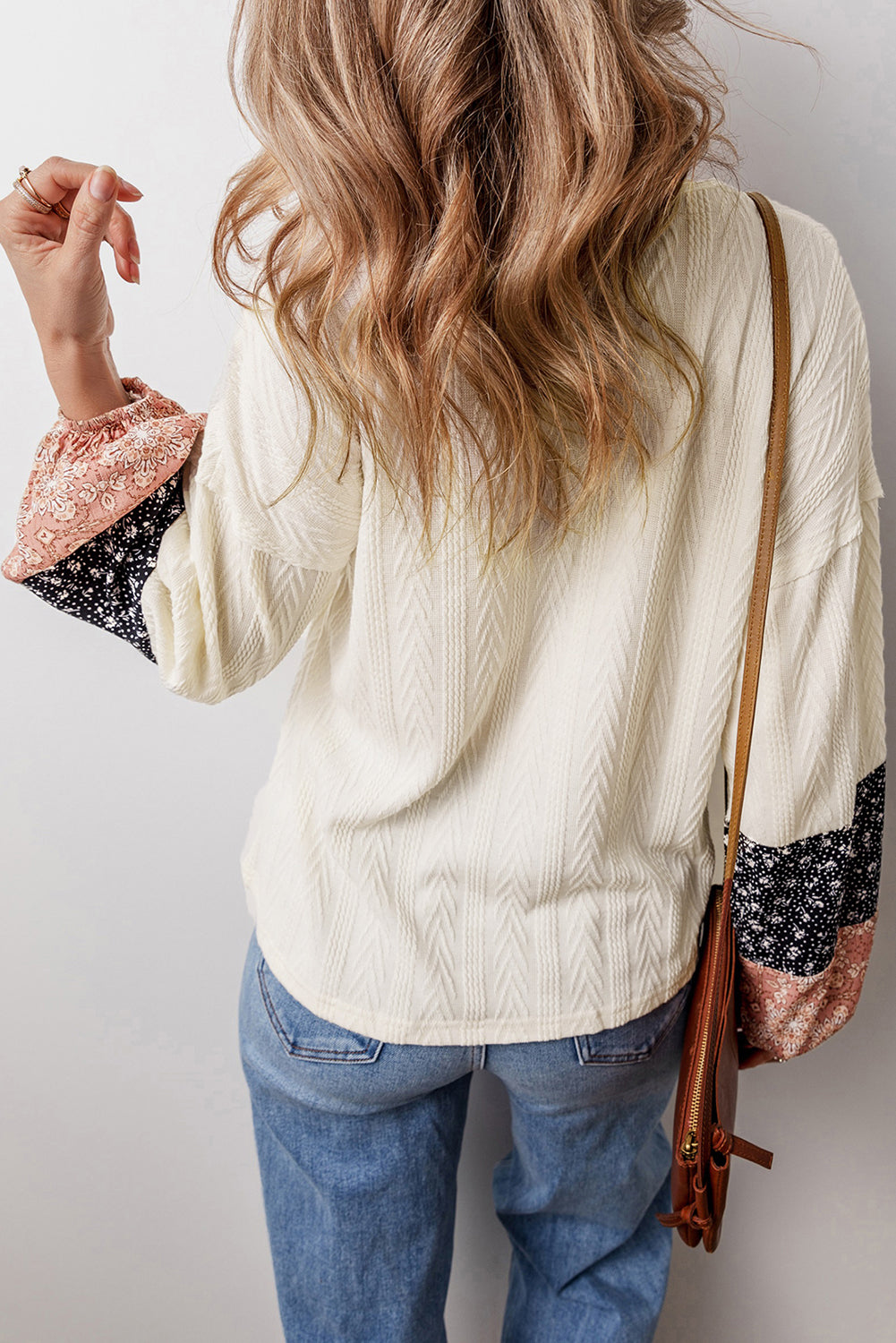 Floral Patchwork Textured Knit Drawstring V-Neck Blouse