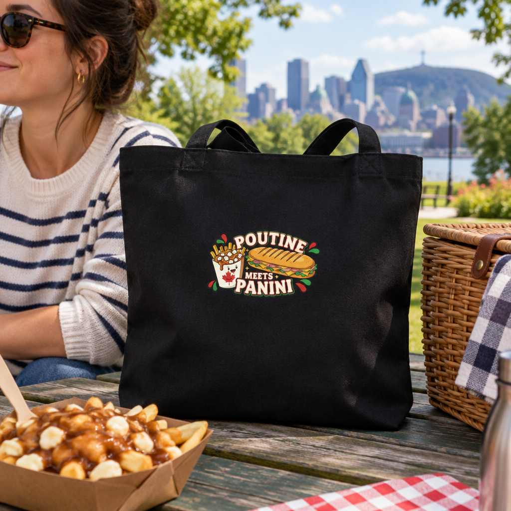 Black tote at a Montréal picnic table