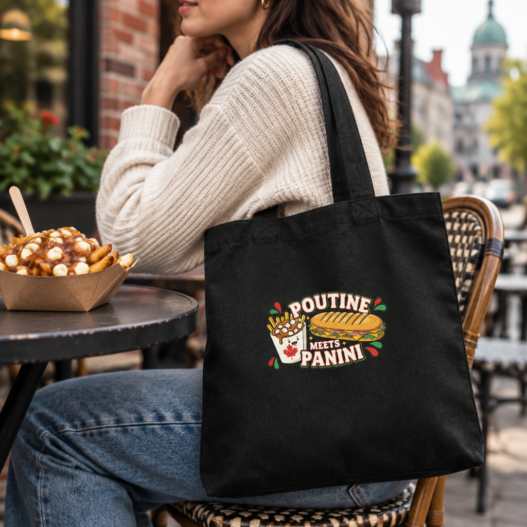 Black tote outside a Montréal poutine shop