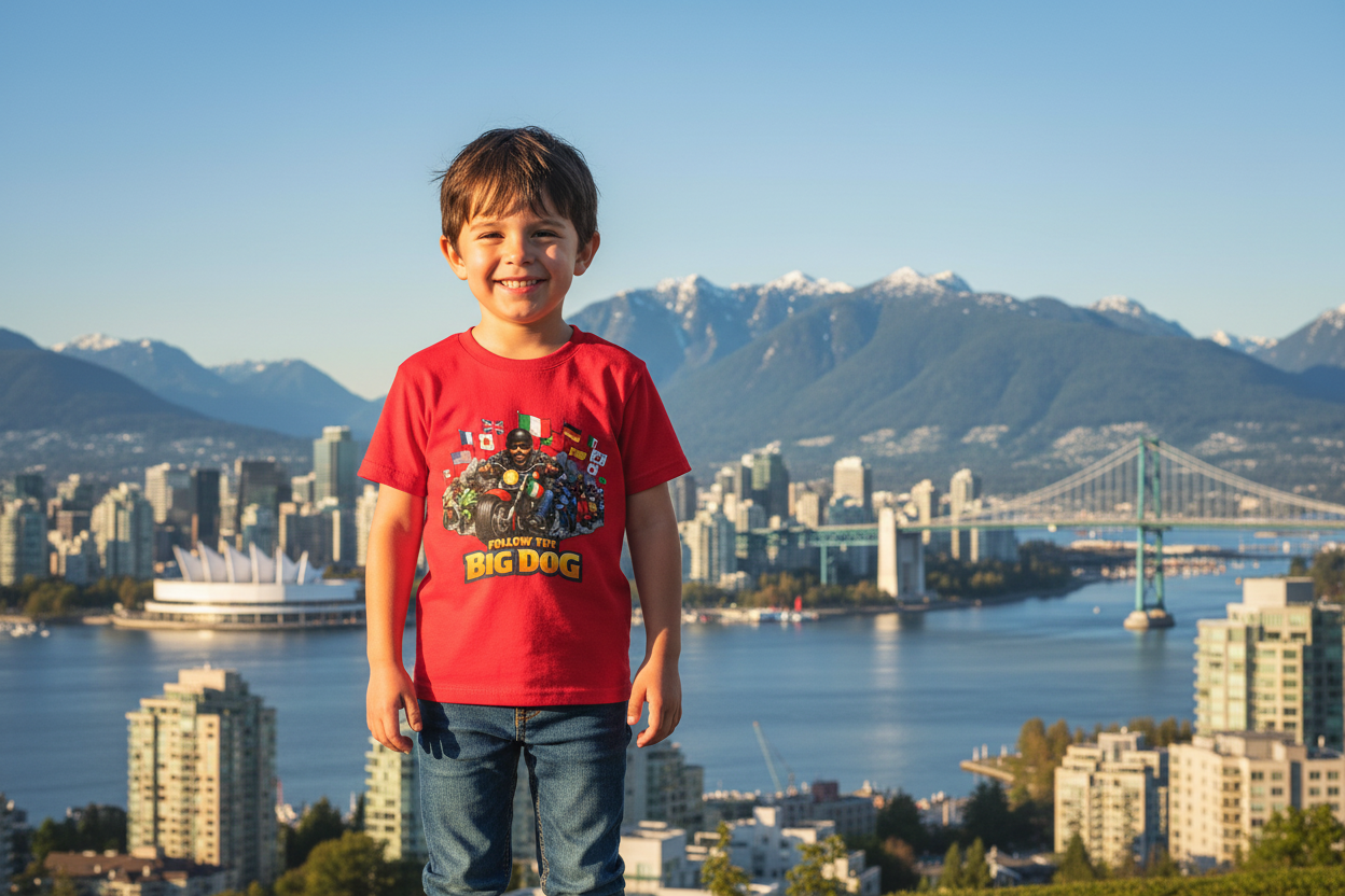 Boy in red tee Vancouver skyline