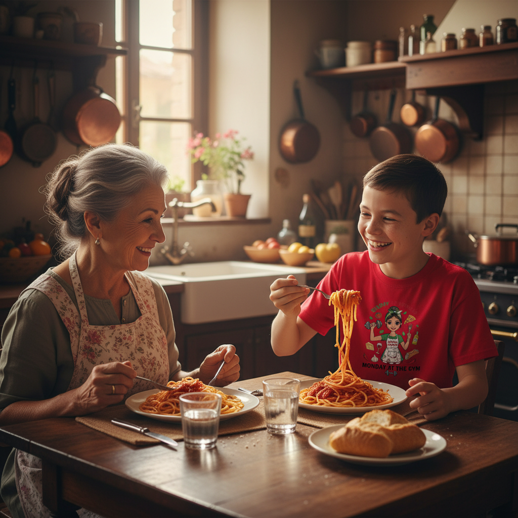 Boy with Nonna eating pasta