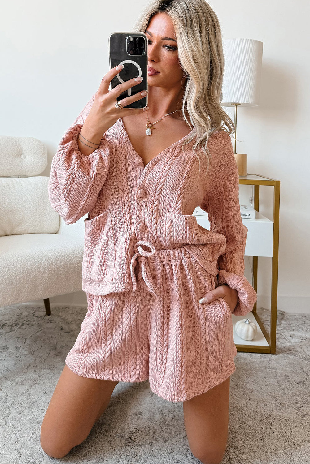 Pink Cable Knit V-Neck Cardigan and Shorts Set