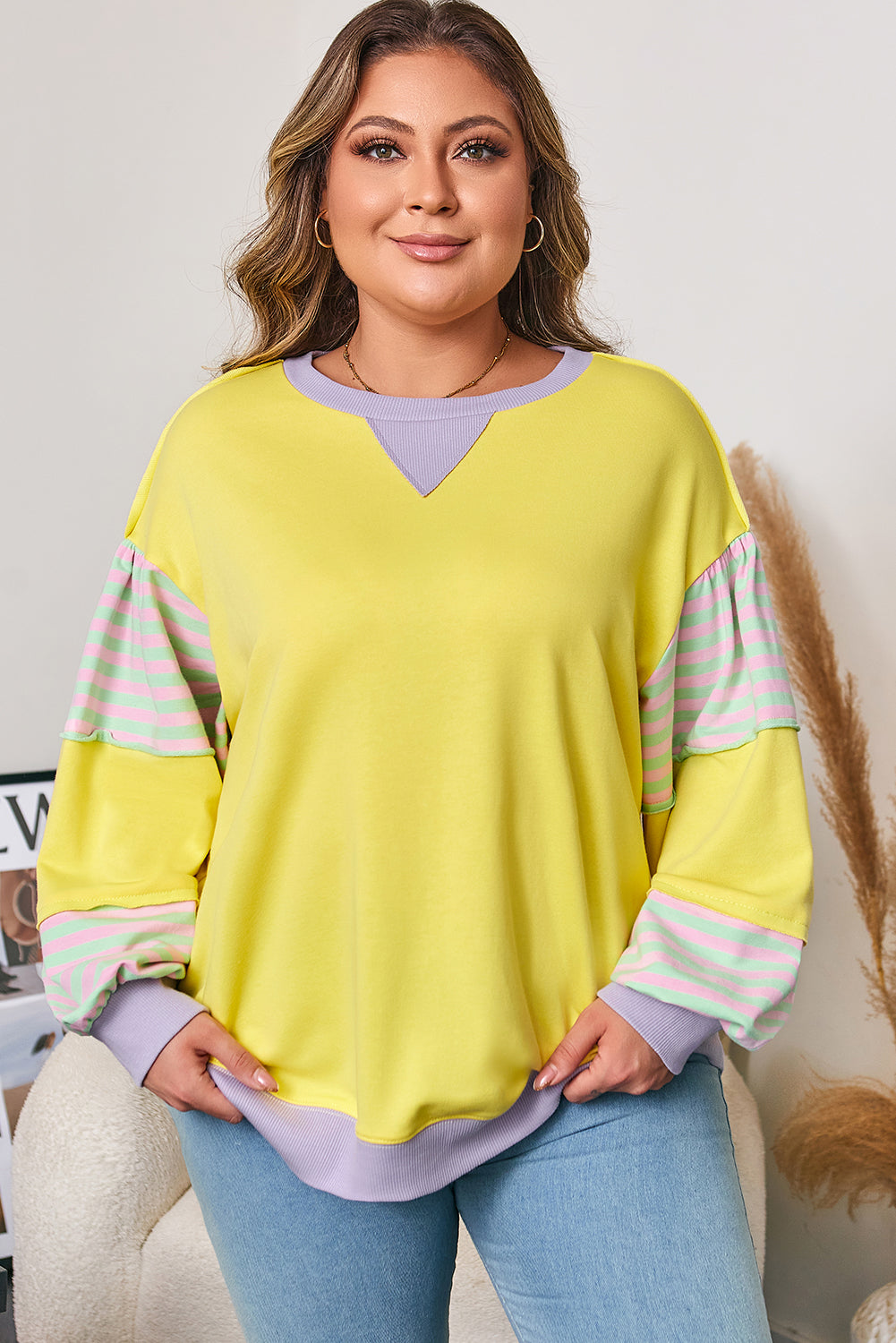 Yellow Crewneck Sweatshirt with Stripe Sleeve Detail – Plus Size 1X–4X