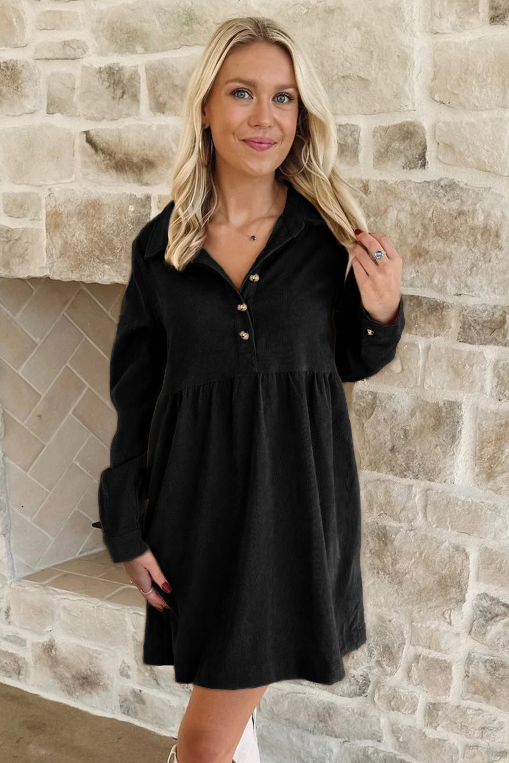 Corduroy Half Button Collared Mini Dress in Black