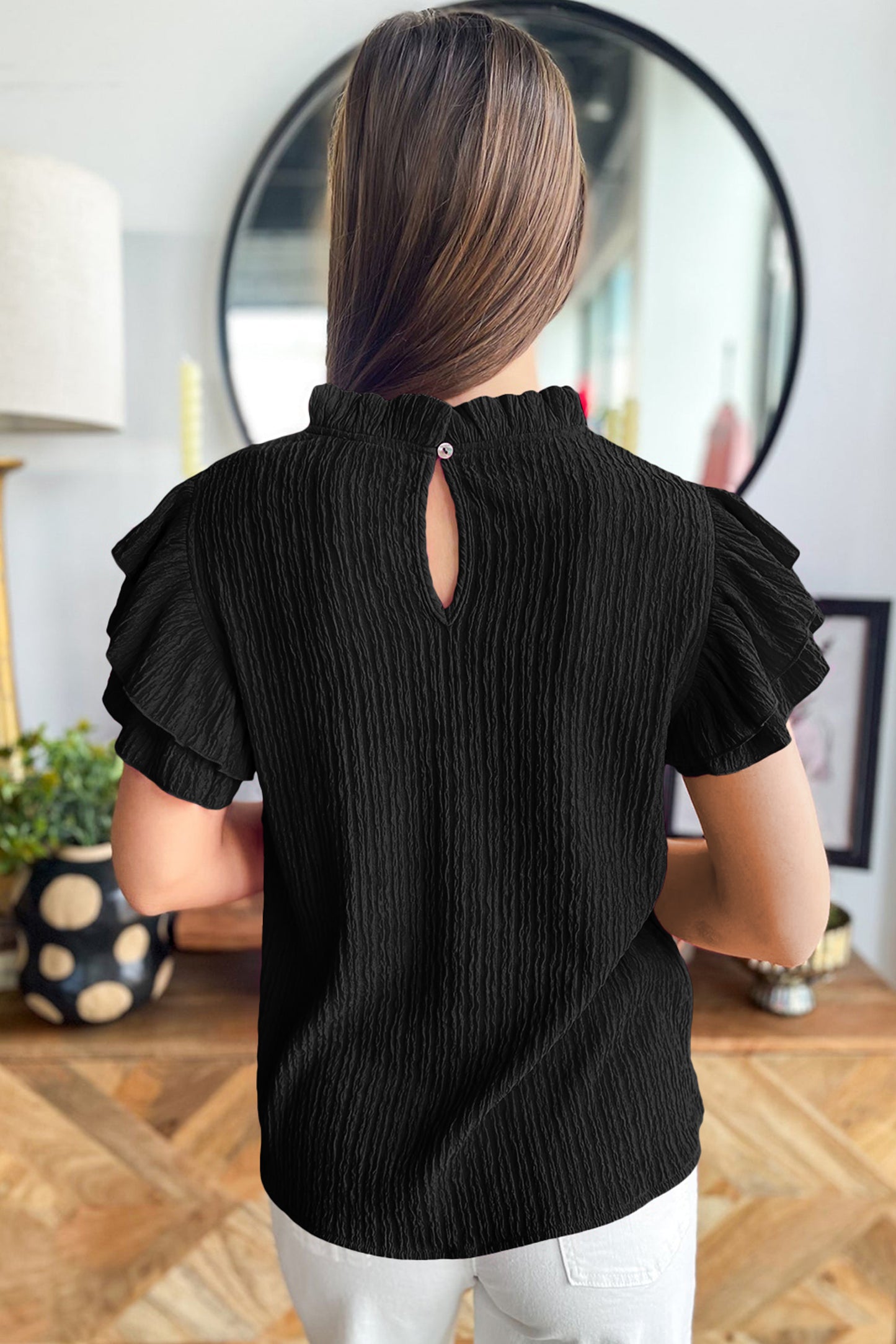 Womens Ruffle Trim Textured Blouse S–XL