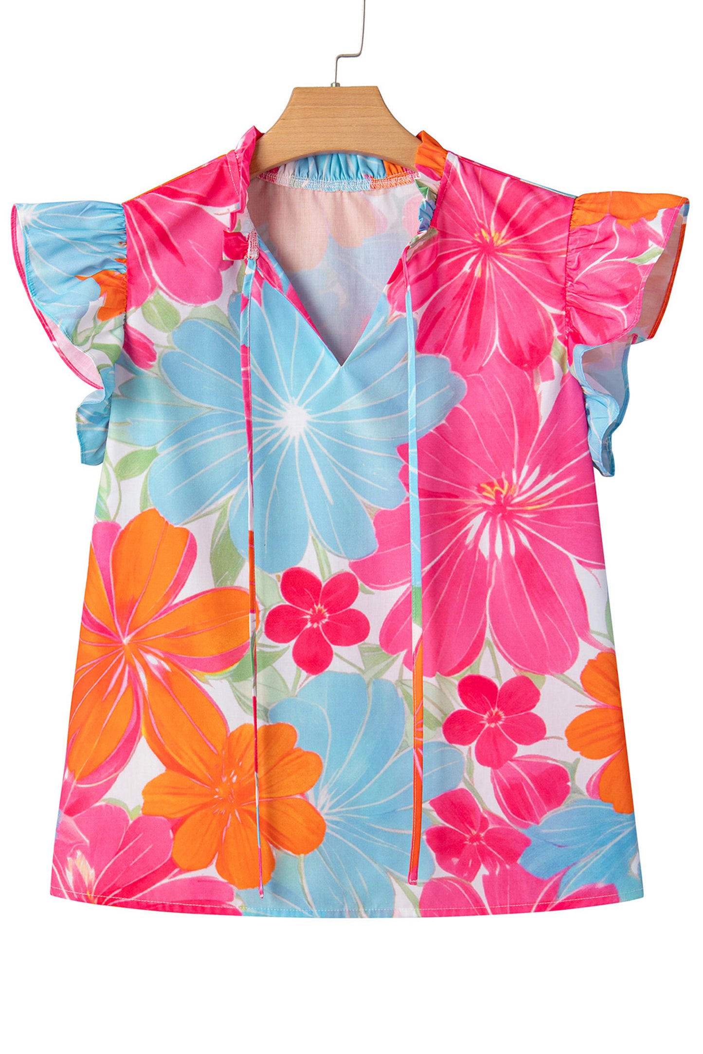 Floral Print Tie V-Neck Ruffle Trim Sleeveless Blouse