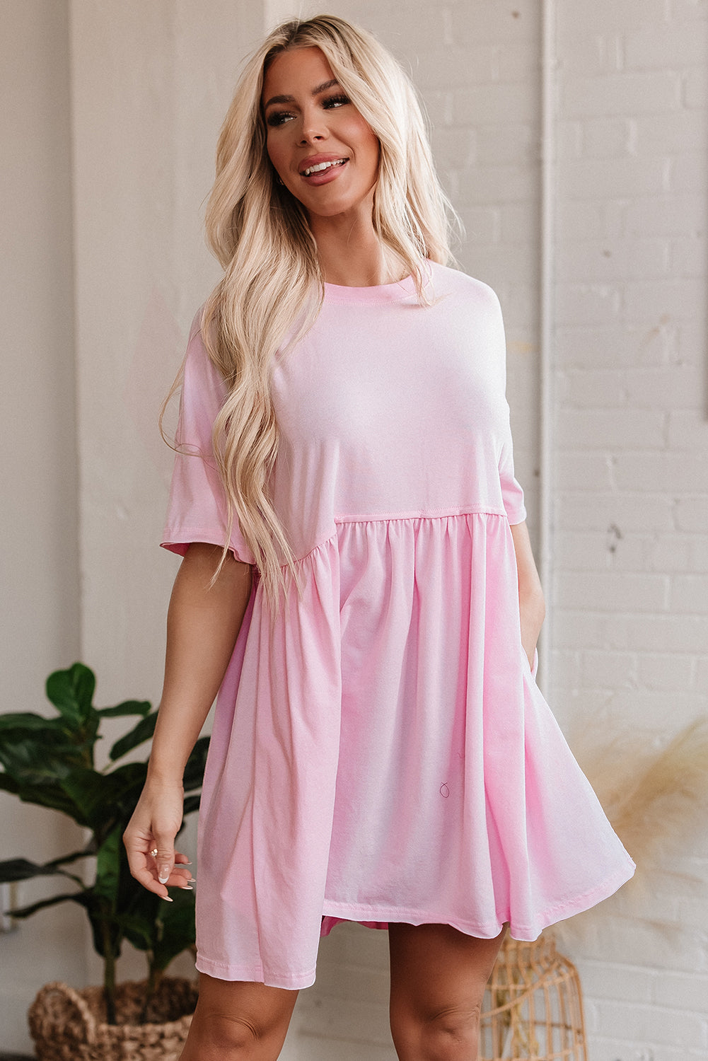 Solid Color Pocketed Raw Edge Babydoll Mini Dress