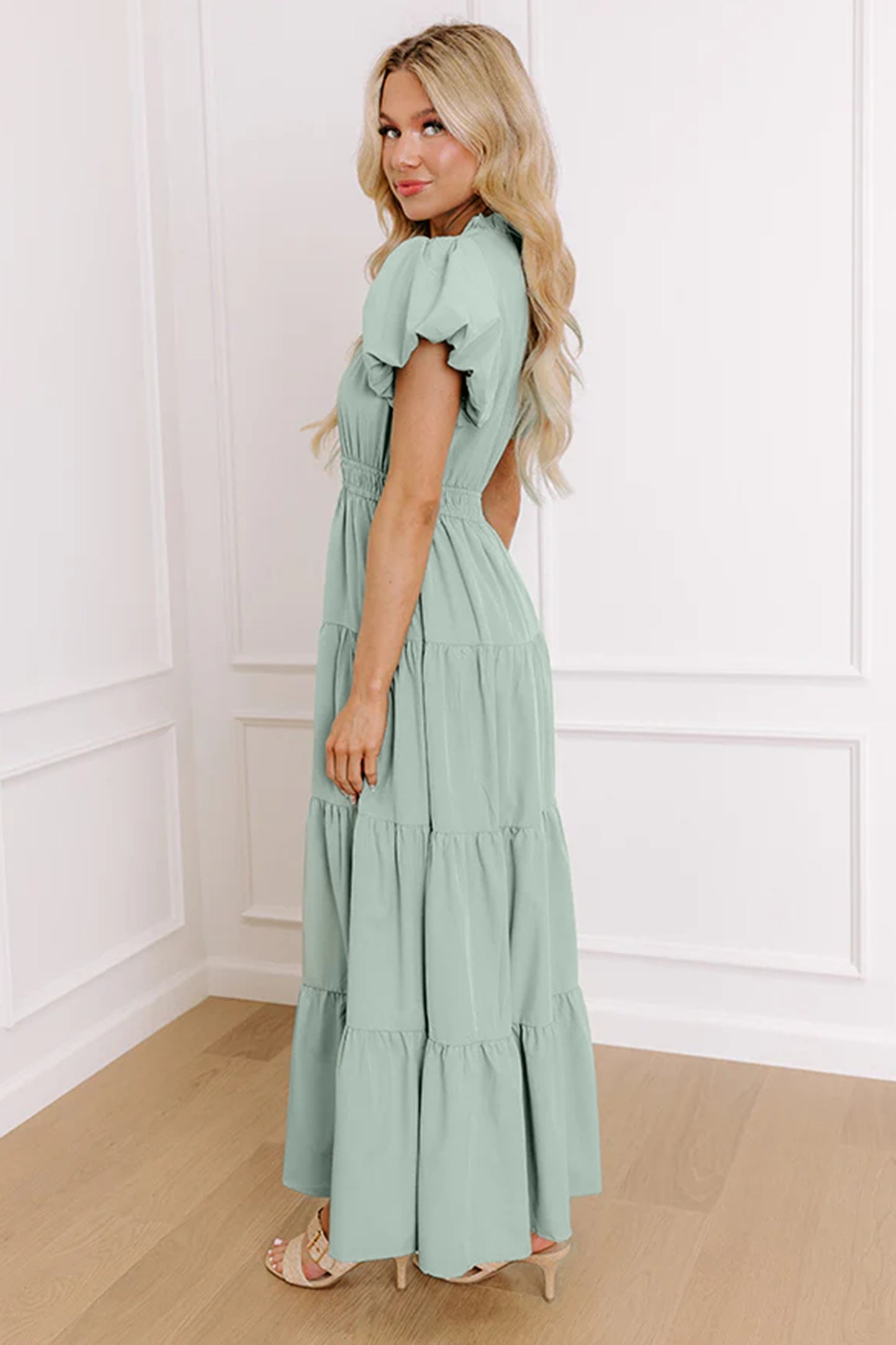 V-Neck Puff Sleeve High Waist Tiered Maxi Dress | 5 Colours | S–XL